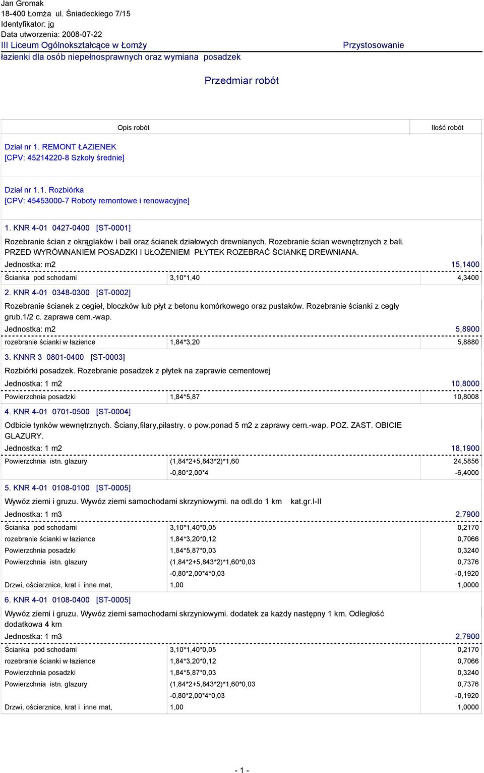 Dział nr 1. REMONT ŁAZIENEK [CPV: 45214220-8 Szkoły średnie] Dział nr 1.1. Rozbiórka [CPV: 45453000-7 Roboty remontowe i renowacyjne] 1.