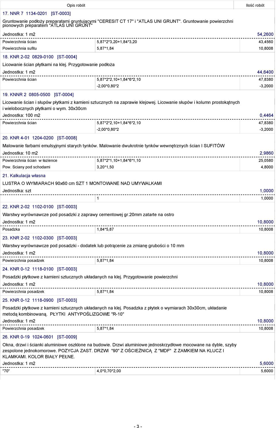 KNR 2-02 0829-0100 [ST-0004] Licowanie ścian płytkami na klej. Przygotowanie podłoża Jednostka: 1 m2 44,6400 Powierzchnia ścian 5,87*2*2,10+1,84*6*2,10 47,8380 19.