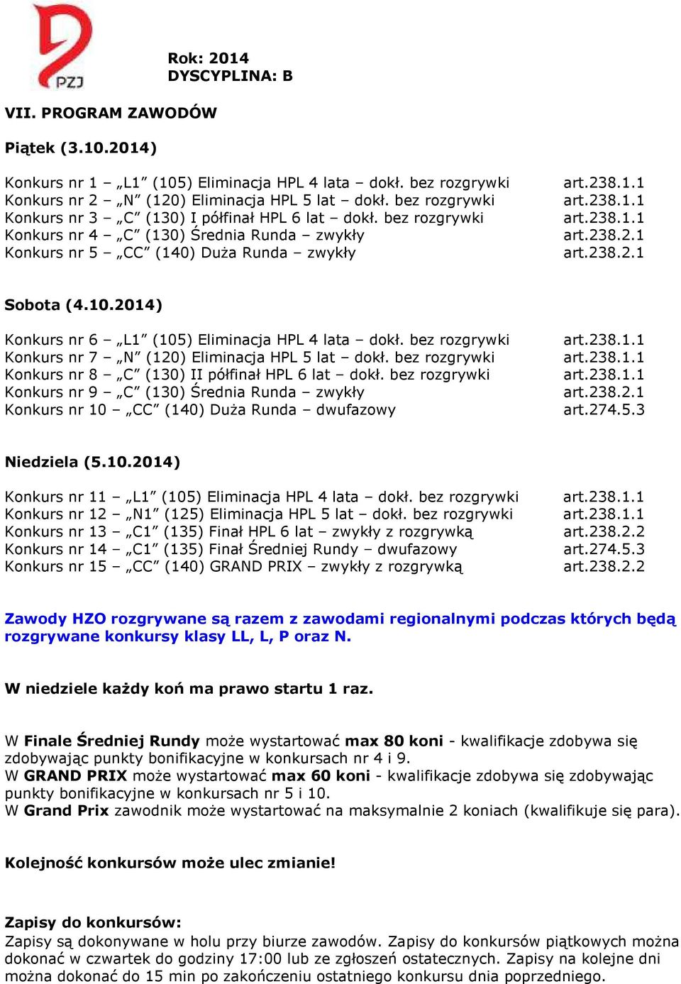 2014) Konkurs nr 6 L1 (105) Eliminacja HPL 4 lata dokł. bez rozgrywki Konkurs nr 7 N (120) Eliminacja HPL 5 lat dokł. bez rozgrywki Konkurs nr 8 C (130) II półfinał HPL 6 lat dokł.