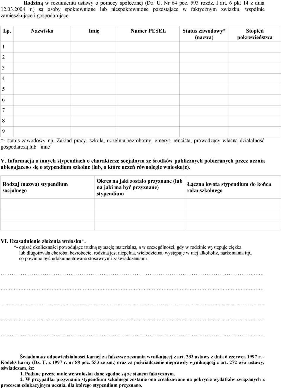 Numer Status zawodowy* (nazwa) 1 2 Stopień pokrewieństwa 3 4 5 6 7 8 9 *- status zawodowy np.