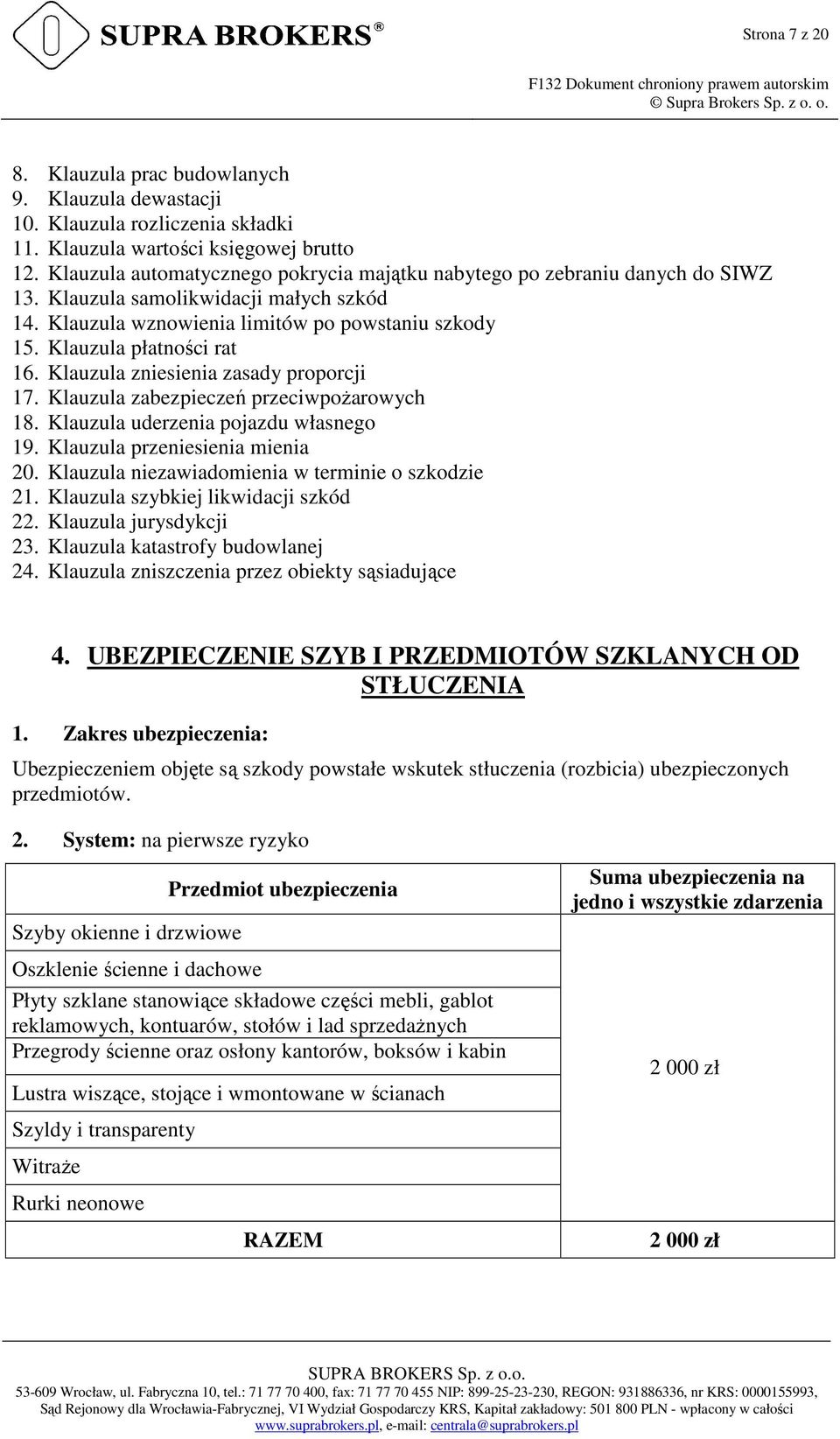 Klauzula zniesienia zasady proporcji 17. Klauzula zabezpieczeń przeciwpożarowych 18. Klauzula uderzenia pojazdu własnego 19. Klauzula przeniesienia mienia 20.