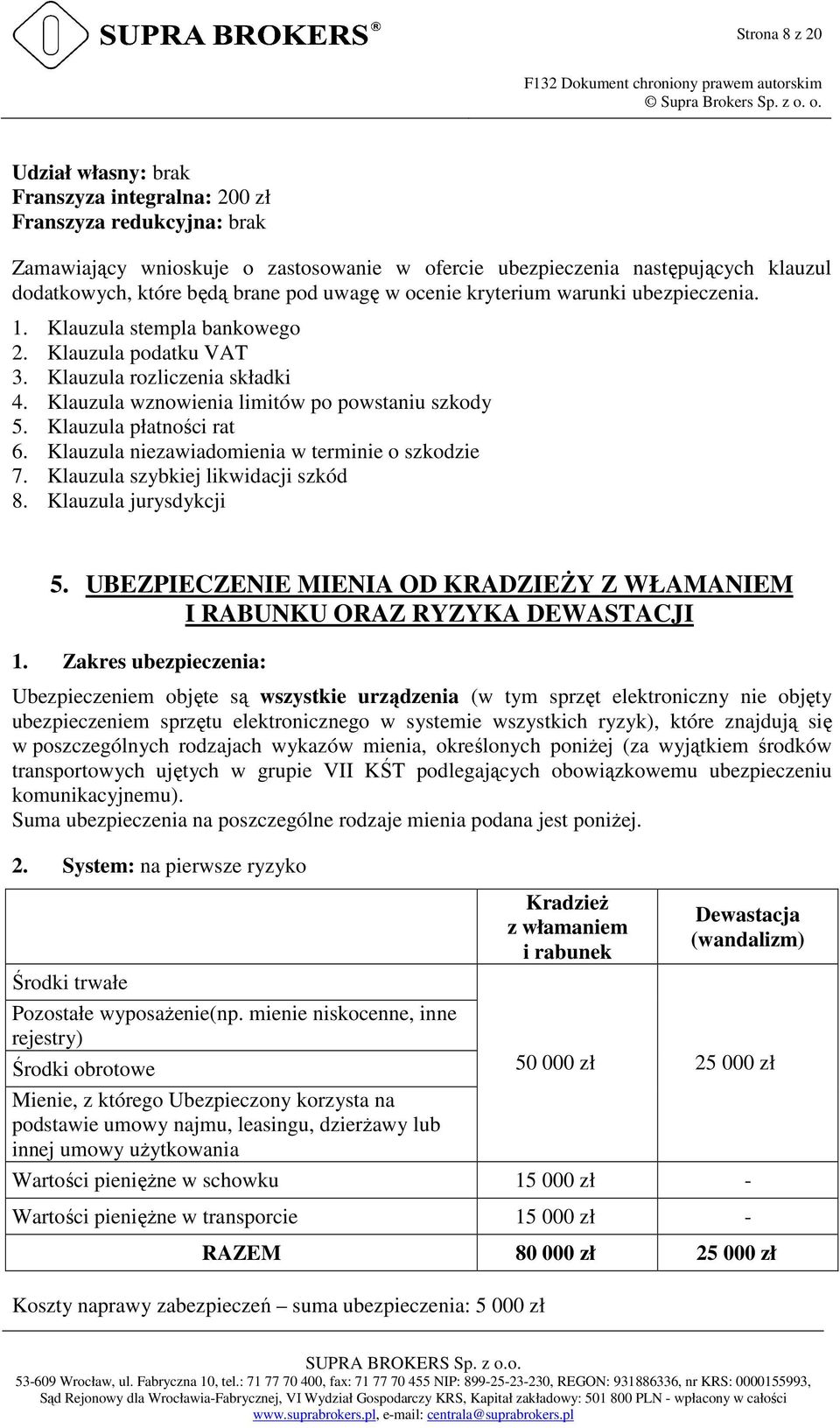 Klauzula płatności rat 6. Klauzula niezawiadomienia w terminie o szkodzie 7. Klauzula szybkiej likwidacji szkód 8. Klauzula jurysdykcji 5.