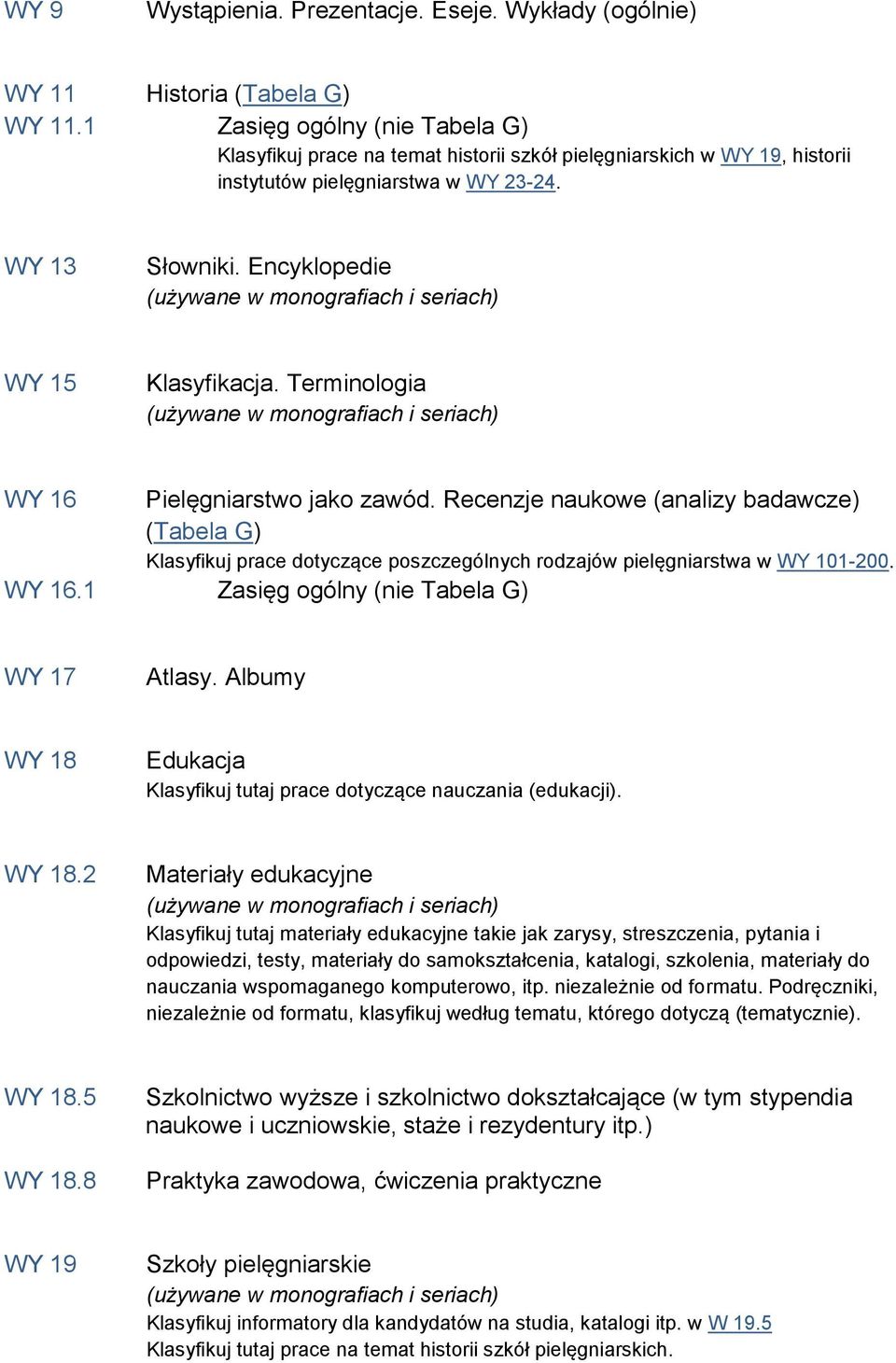 Terminologia WY 16 Pielęgniarstwo jako zawód. Recenzje naukowe (analizy badawcze) (Tabela G) Klasyfikuj prace dotyczące poszczególnych rodzajów pielęgniarstwa w WY 101-200. WY 16.1 Zasięg ogólny (nie Tabela G) WY 17 Atlasy.