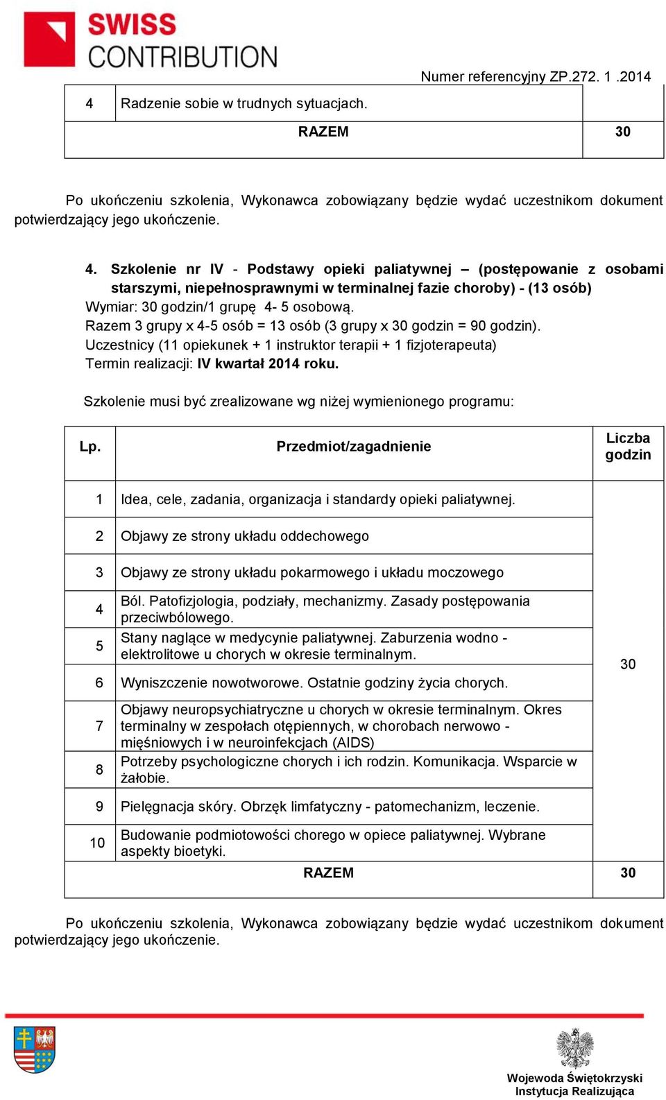 Razem 3 grupy x 4-5 osób = 13 osób (3 grupy x 30 = 90 ). Uczestnicy (11 opiekunek + 1 instruktor terapii + 1 fizjoterapeuta) Termin realizacji: IV kwartał 2014 roku.