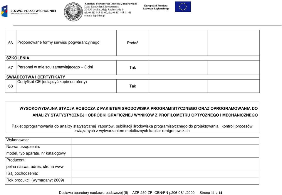 statystycznej raportów, publikacji środowiska programistycznego do projektowania i kontroli procesów związanych z wytwarzaniem metalicznych kapilar rentgenowskich Wykonawca: Nazwa urządzenia: model,