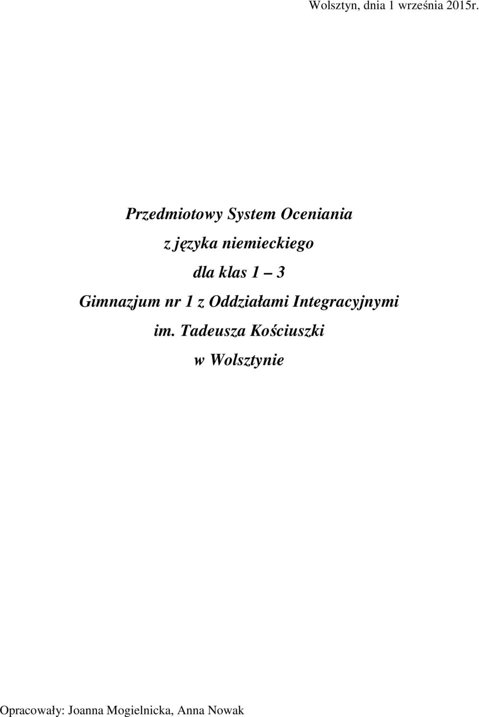 dla klas 1 3 Gimnazjum nr 1 z Oddziałami