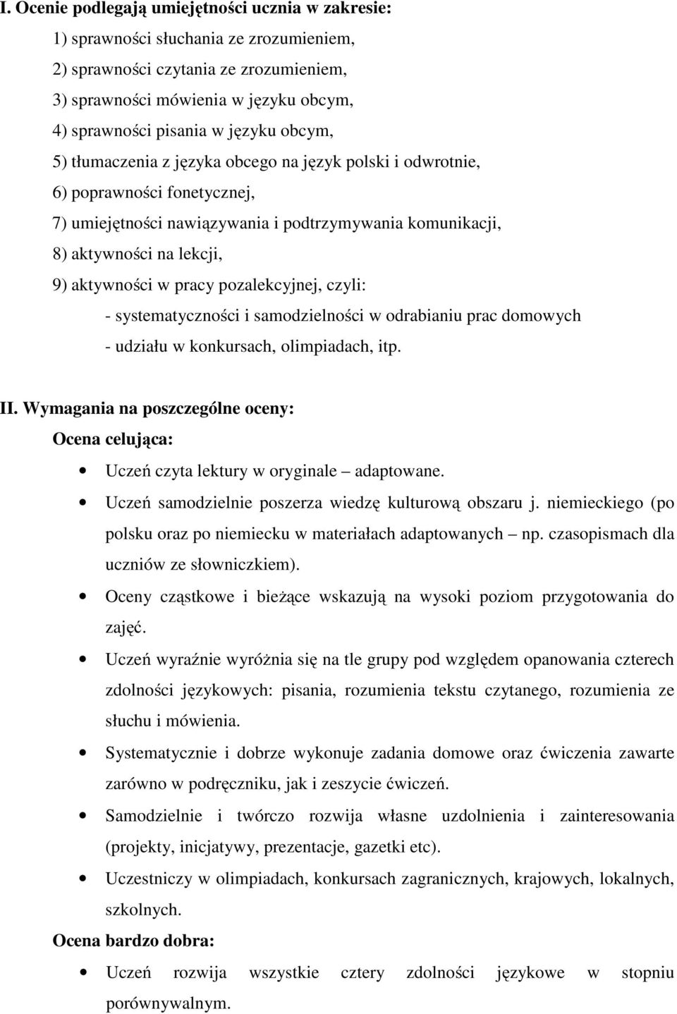 w pracy pozalekcyjnej, czyli: - systematyczności i samodzielności w odrabianiu prac domowych - udziału w konkursach, olimpiadach, itp. II.