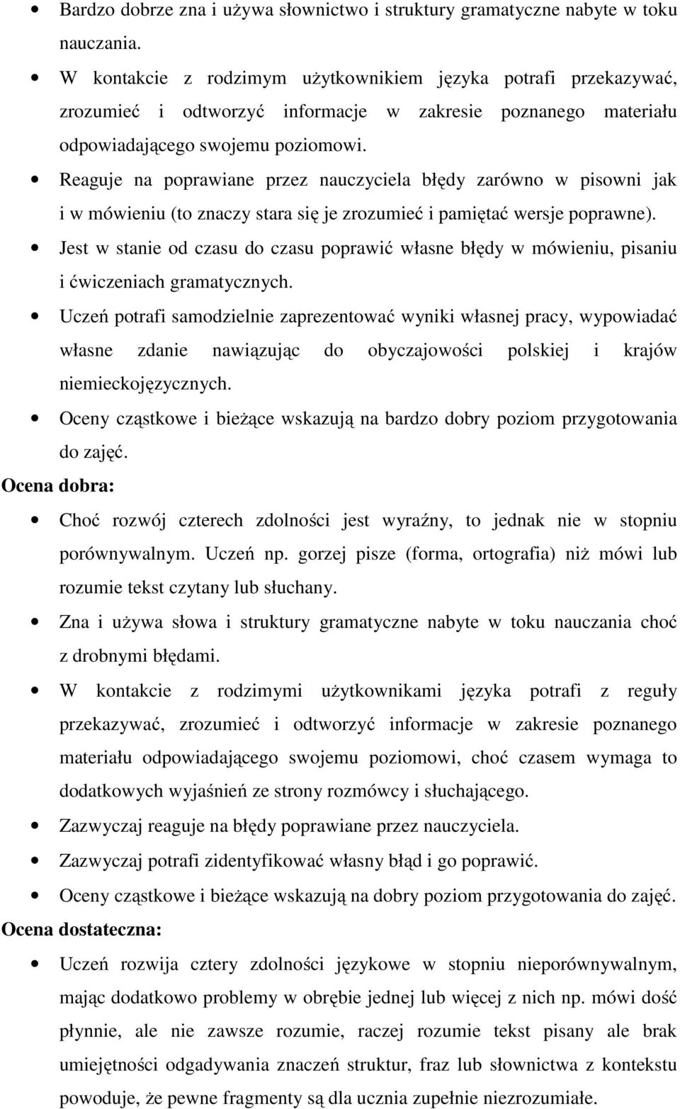 Reaguje na poprawiane przez nauczyciela błędy zarówno w pisowni jak i w mówieniu (to znaczy stara się je zrozumieć i pamiętać wersje poprawne).