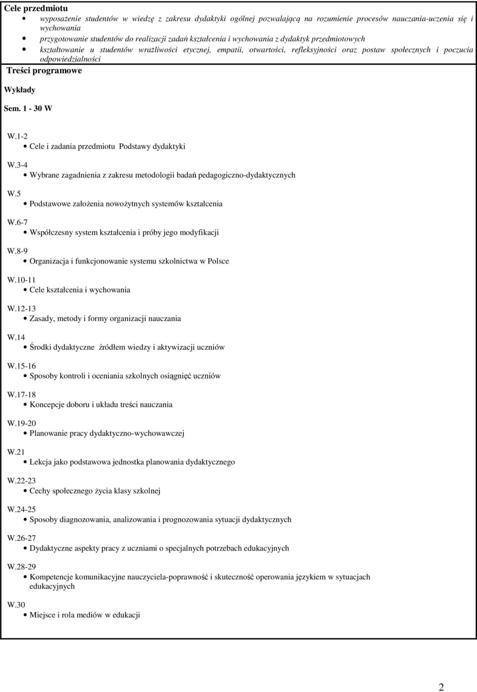 programowe Wykłady Sem. 1-30 W W.1-2 Cele i zadania przedmiotu Podstawy dydaktyki W.3-4 Wybrane zagadnienia z zakresu metodologii badań pedagogiczno-dydaktycznych W.