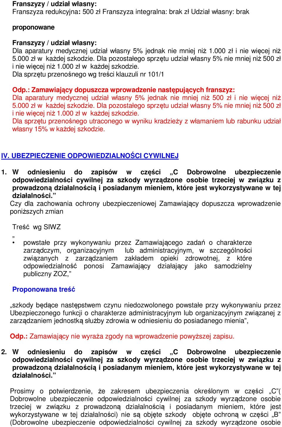 : Zamawiający dopuszcza wprowadzenie następujących franszyz: Dla aparatury medycznej udział własny 5% jednak nie mniej niż 500 zł i nie więcej niż 5.000 zł w każdej szkodzie.