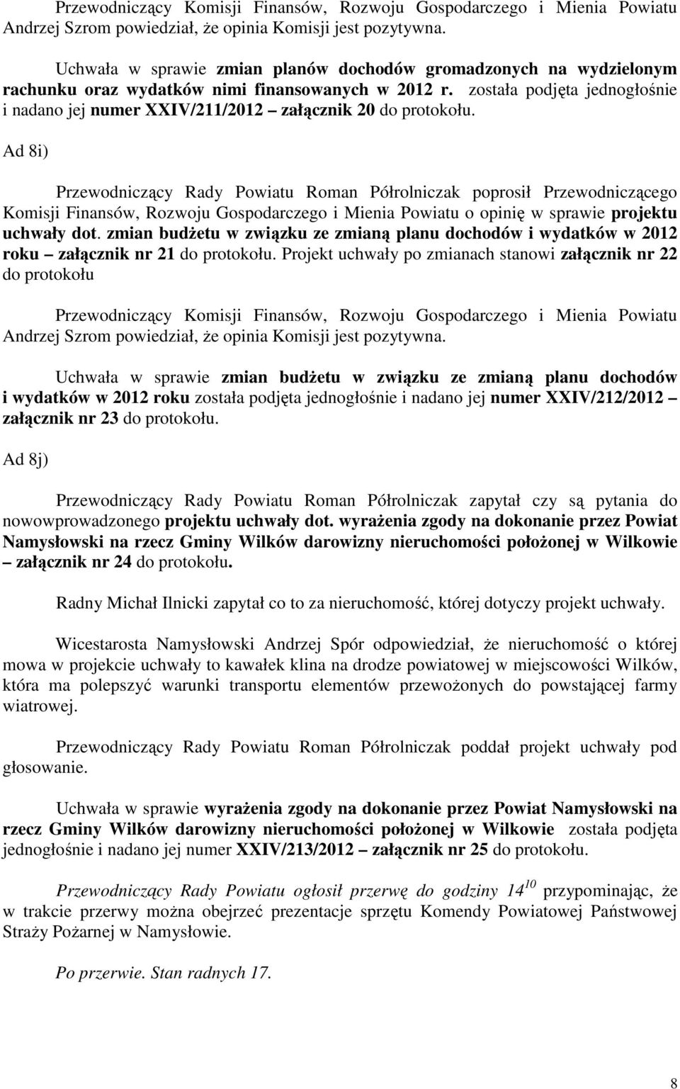 została podjęta jednogłośnie i nadano jej numer XXIV/211/2012 załącznik 20 do protokołu.