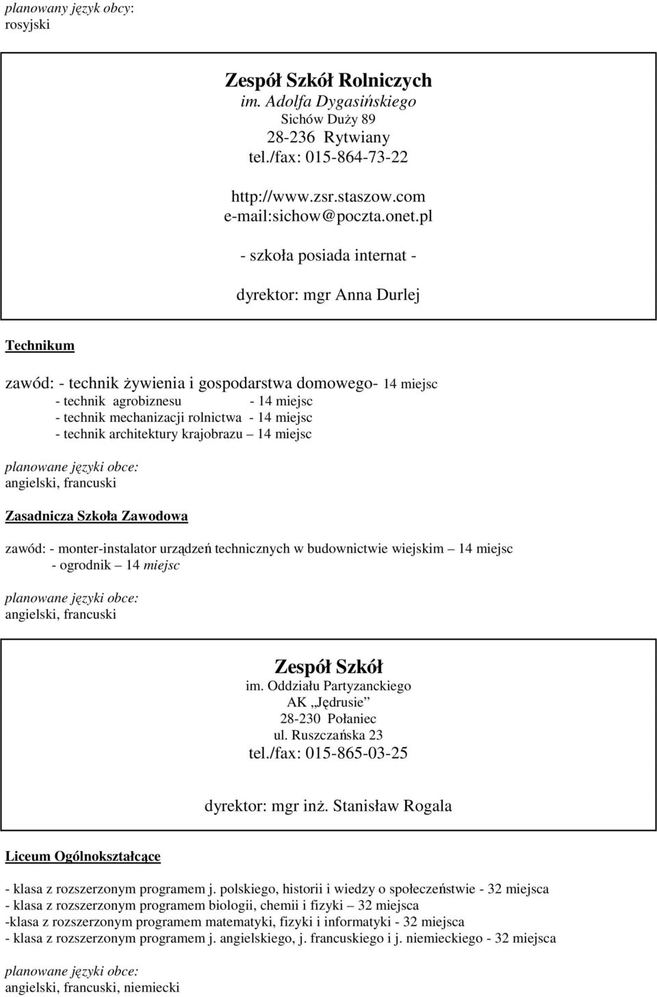 miejsc - technik architektury krajobrazu 14 miejsc angielski, francuski Zasadnicza Szkoła Zawodowa zawód: - monter-instalator urządzeń technicznych w budownictwie wiejskim 14 miejsc - ogrodnik 14