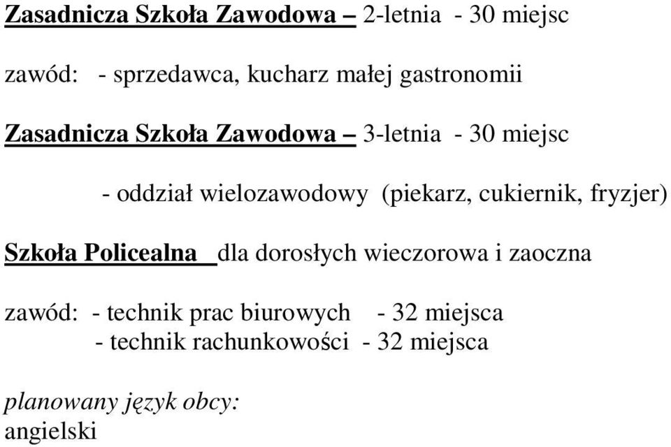 (piekarz, cukiernik, fryzjer) Szkoła Policealna dla dorosłych wieczorowa i zaoczna