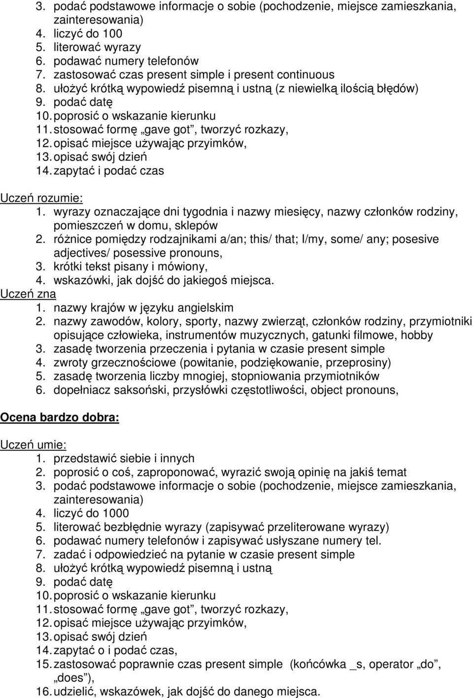 stosować formę gave got, tworzyć rozkazy, 12. opisać miejsce uŝywając przyimków, 13. opisać swój dzień 14. zapytać i podać czas 1.