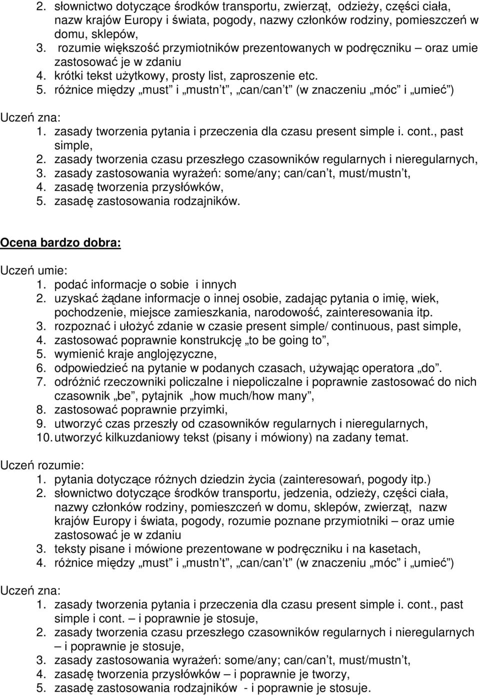 róŝnice między must i mustn t, can/can t (w znaczeniu móc i umieć ) 1. zasady tworzenia pytania i przeczenia dla czasu present simple i. cont., past simple, 2.