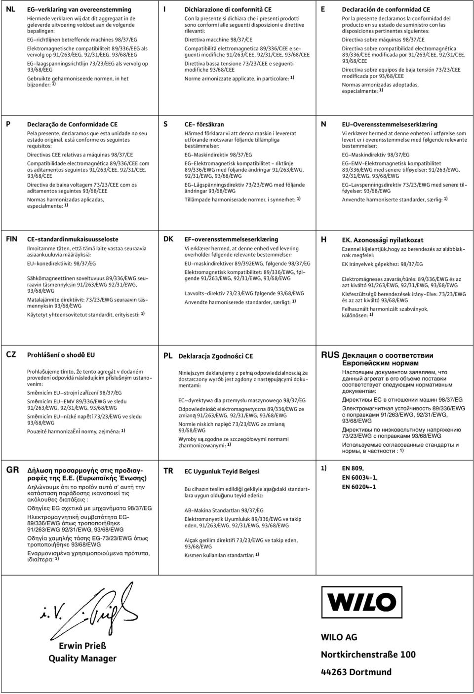 suministro con las disposiciones pertinentes siguientes: EG-richtlijnen betreffende machines 98/37/EG Direttiva macchine 98/37/CE Directiva sobre máquinas 98/37/CE Elektromagnetische compatibiliteit