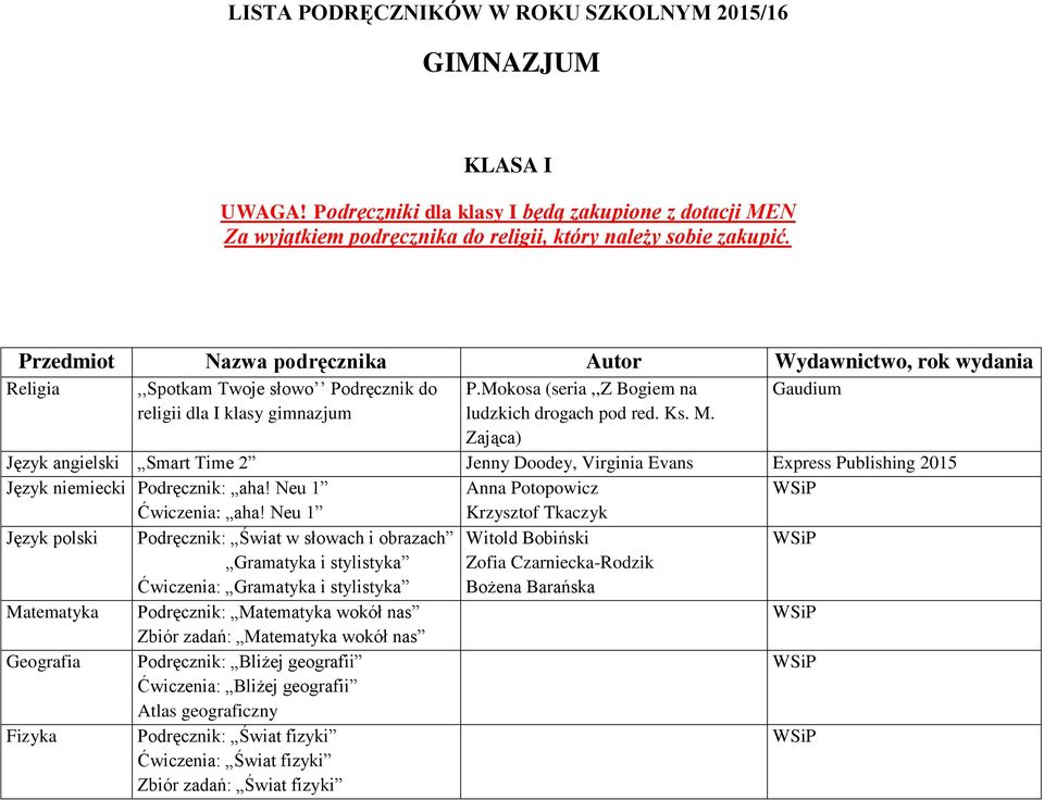 Zająca) Gaudium Język angielski Smart Time 2 Jenny Doodey, Virginia Evans Express Publishing 2015 Język niemiecki Podręcznik: aha! Neu 1 Anna Potopowicz Ćwiczenia: aha!