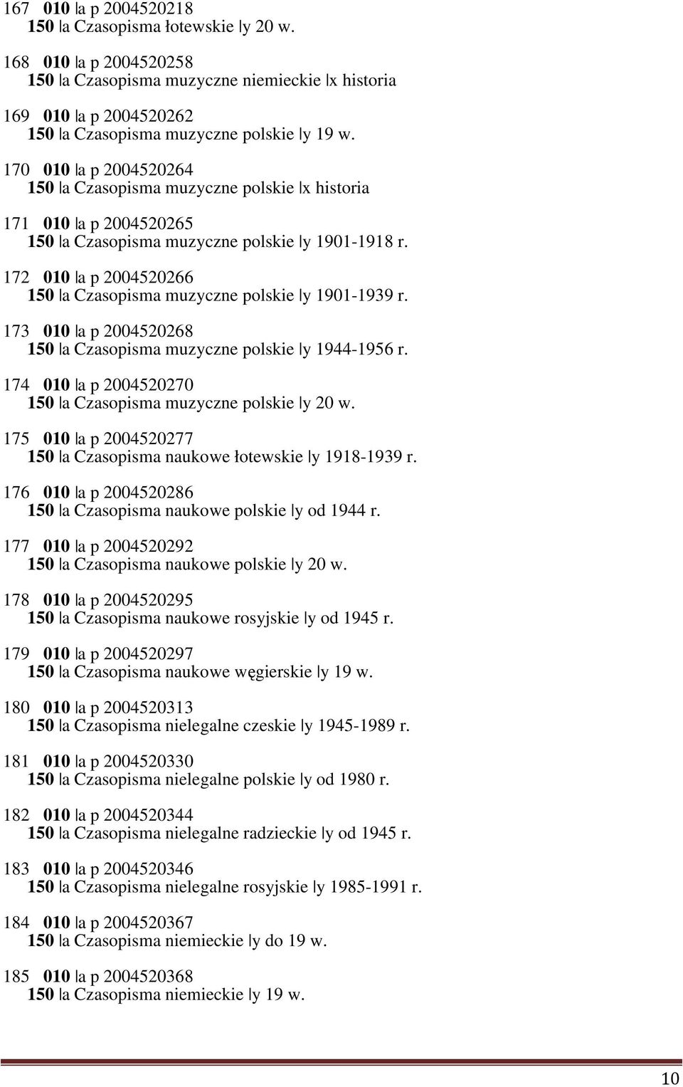 172 010 a p 2004520266 150 a Czasopisma muzyczne polskie y 1901-1939 r. 173 010 a p 2004520268 150 a Czasopisma muzyczne polskie y 1944-1956 r.