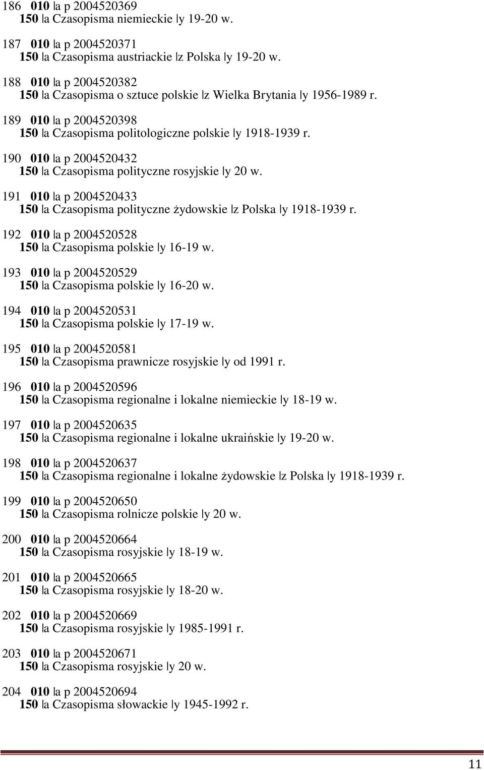 190 010 a p 2004520432 150 a Czasopisma polityczne rosyjskie y 20 w. 191 010 a p 2004520433 150 a Czasopisma polityczne żydowskie z Polska y 1918-1939 r.