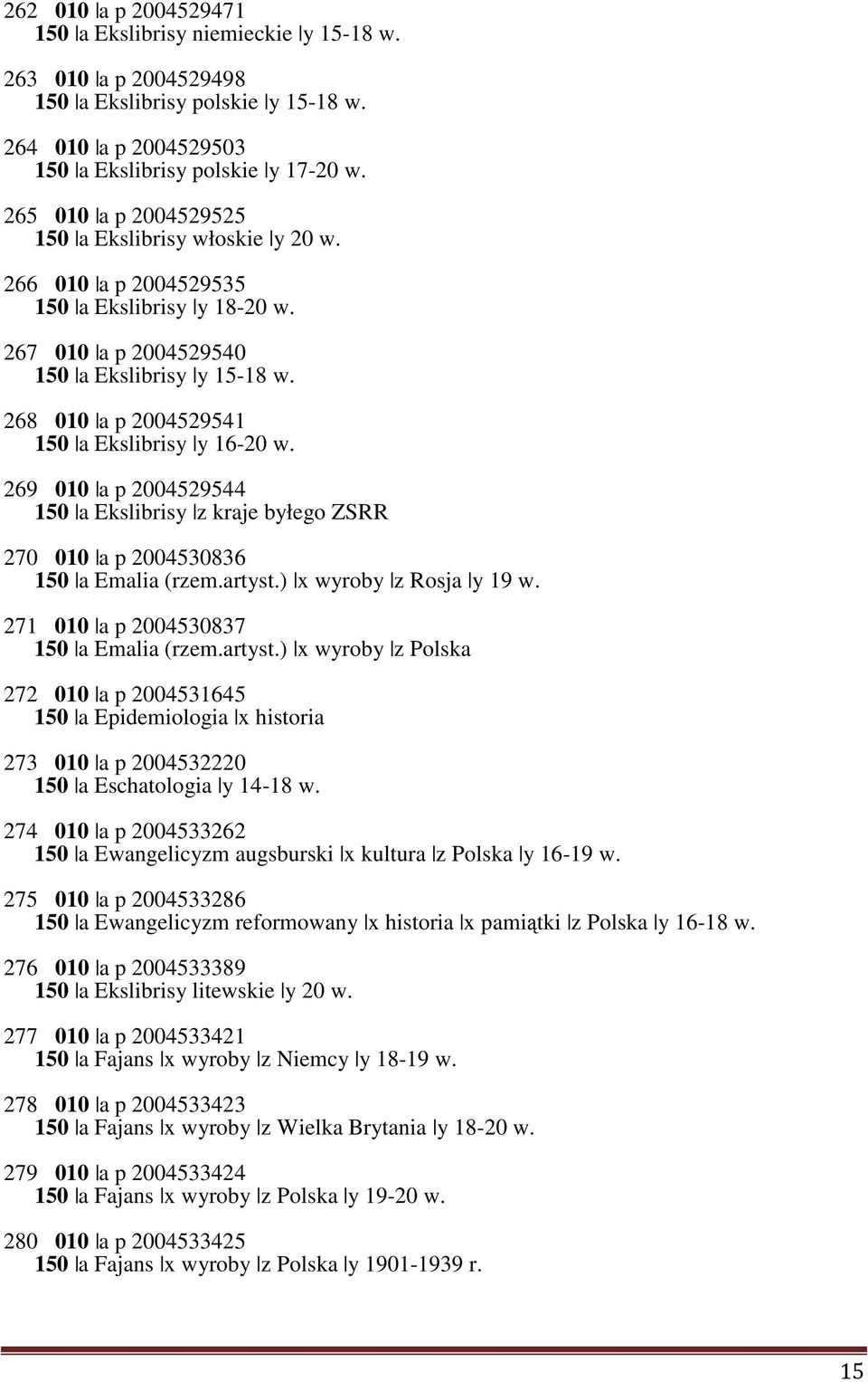 268 010 a p 2004529541 150 a Ekslibrisy y 16-20 w. 269 010 a p 2004529544 150 a Ekslibrisy z kraje byłego ZSRR 270 010 a p 2004530836 150 a Emalia (rzem.artyst.) x wyroby z Rosja y 19 w.