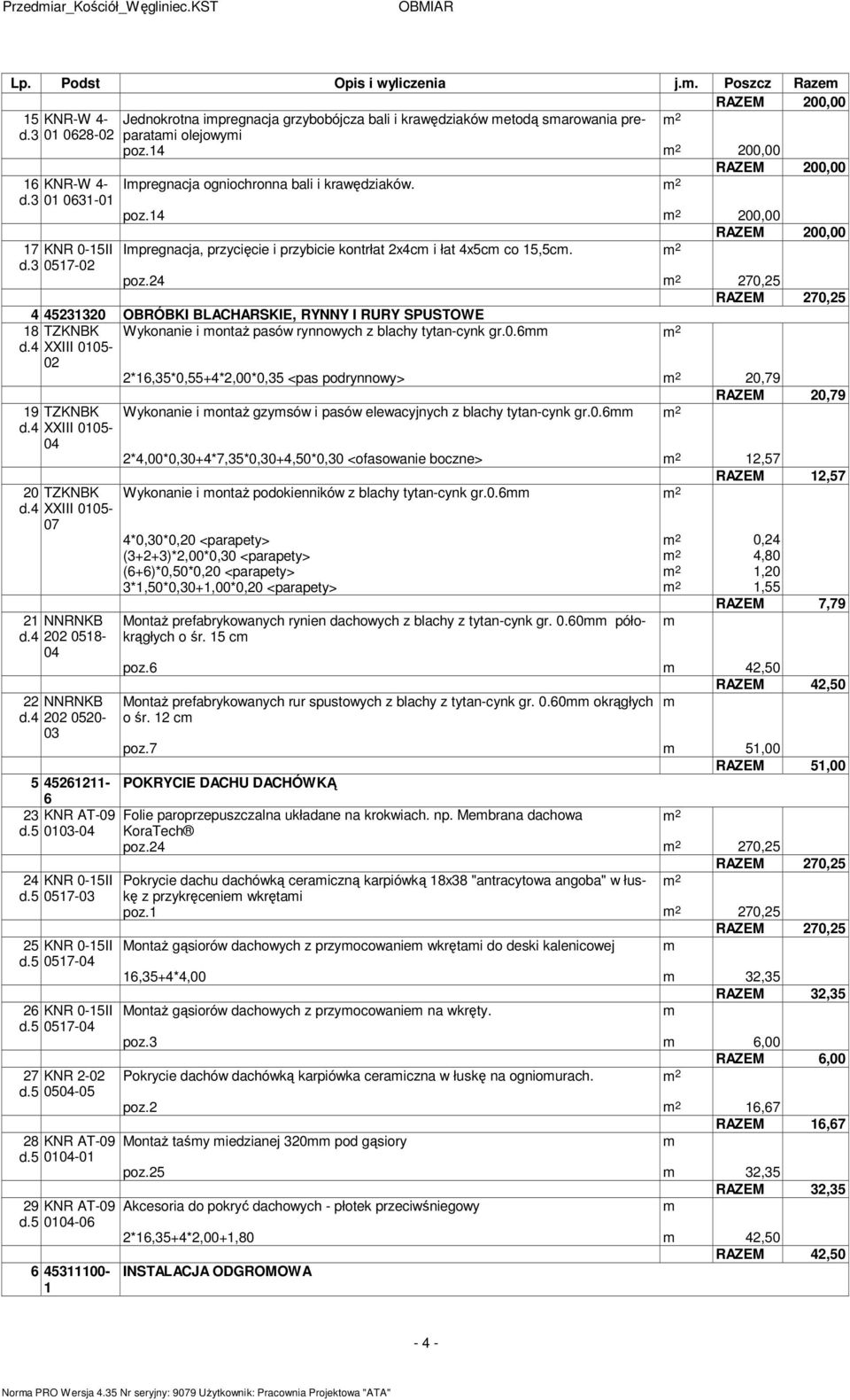 poz.24 4 45231320 OBRÓBKI BLACHARSKIE, RYNNY I RURY SPUSTOWE 18 TZKNBK Wykonanie i ontaŝ pasów rynnowych z blachy tytan-cynk gr.0.6 d.