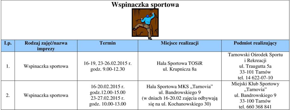 Krupnicza 8a MKS Tarnovia (w dniach 16-20.02 zajęcia odbywają się na ul.