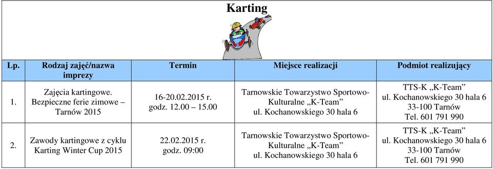 00 15.00 22.02.2015 r. godz. 09:00 Tarnowskie Towarzystwo Sportowo- Kulturalne K-Team ul.
