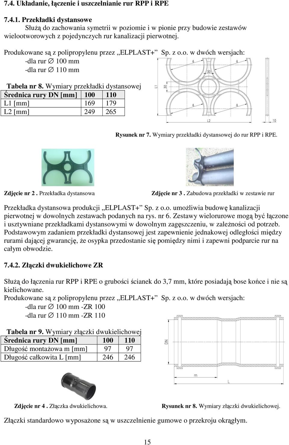 Produkowane są z polipropylenu przez ELPLAST+ Sp. z o.o. w dwóch wersjach: -dla rur 100 mm -dla rur 110 mm Tabela nr 8.