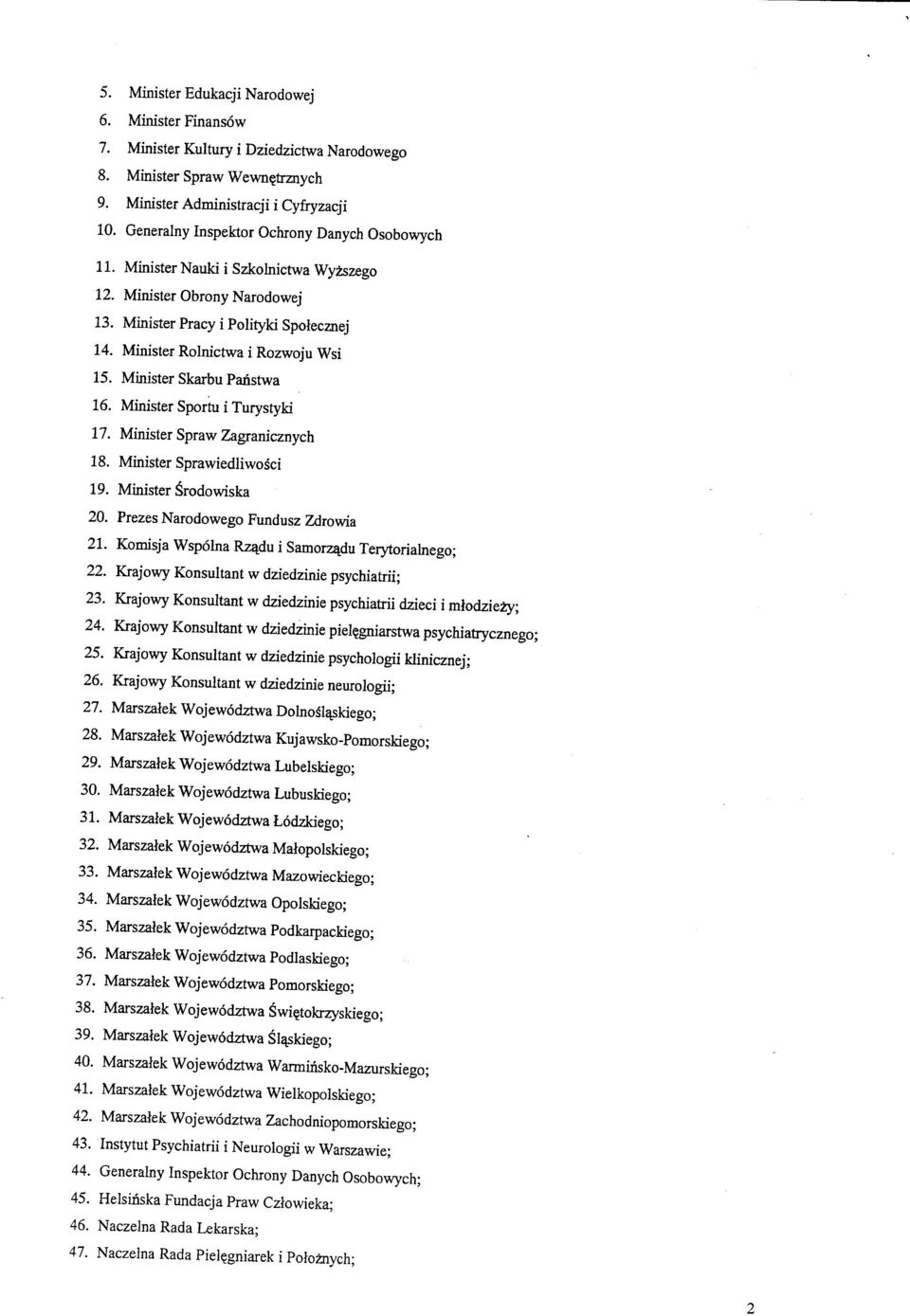 Minister Skarbu Panstwa 16. Minister Sportu i Turystyki 17. Minister Spraw Zagranicznych 18. Minister Sprawiedliwosci 19. Minister Srodowiska 20. Prezes Narodowego Fundusz Zdrowia 21.