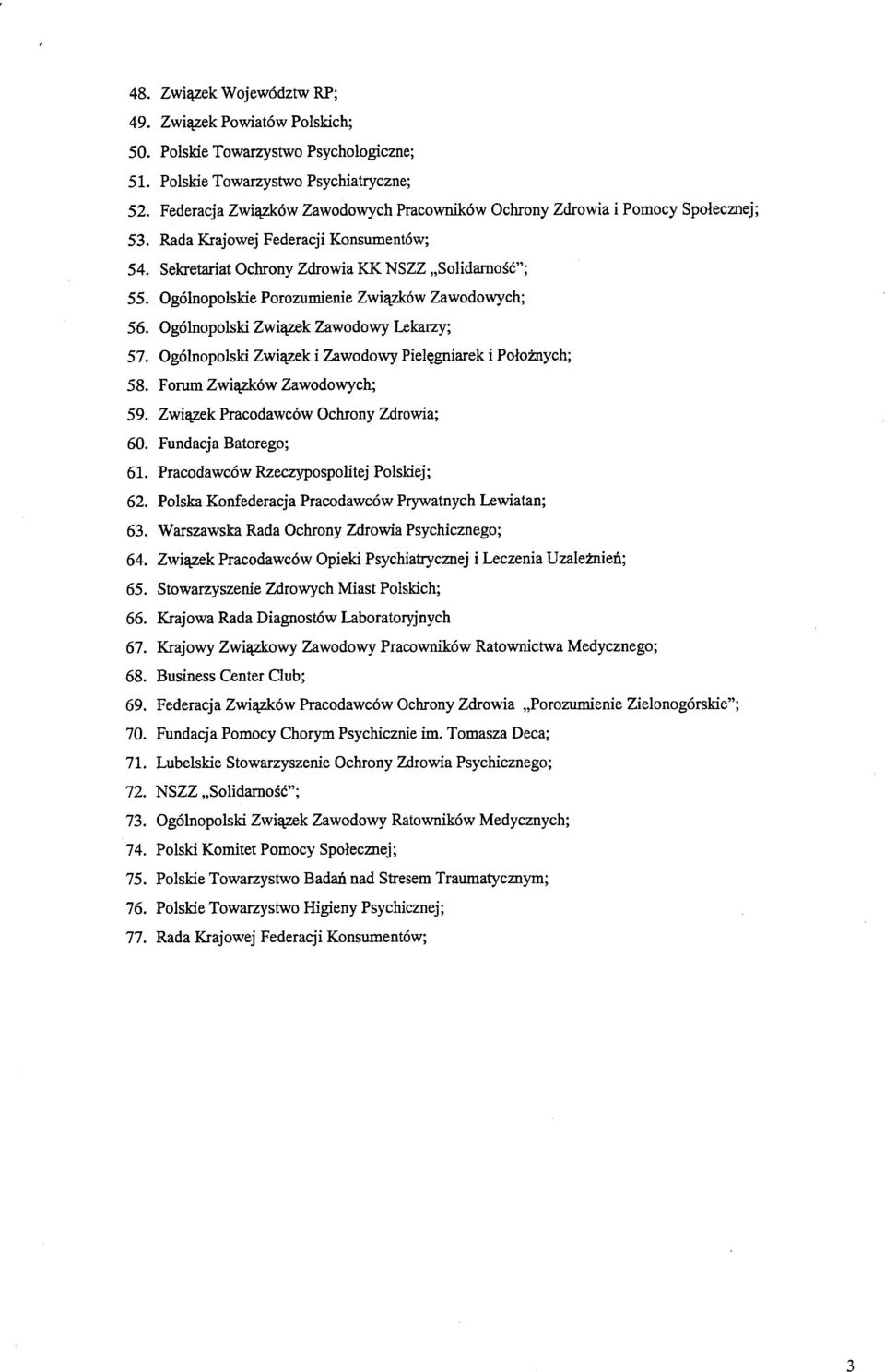 Ogolnopolskie Porozumienie Zwi^ow Zawodowych; 56. Ogobopolski Zwi^k Zawodowy Lekarzy; 57. Ogohiopolski Zwi^ek i Zawodowy Piel^gniarek i Poio±nych; 58. Forum Zwi^ow Zawodowych; 59.