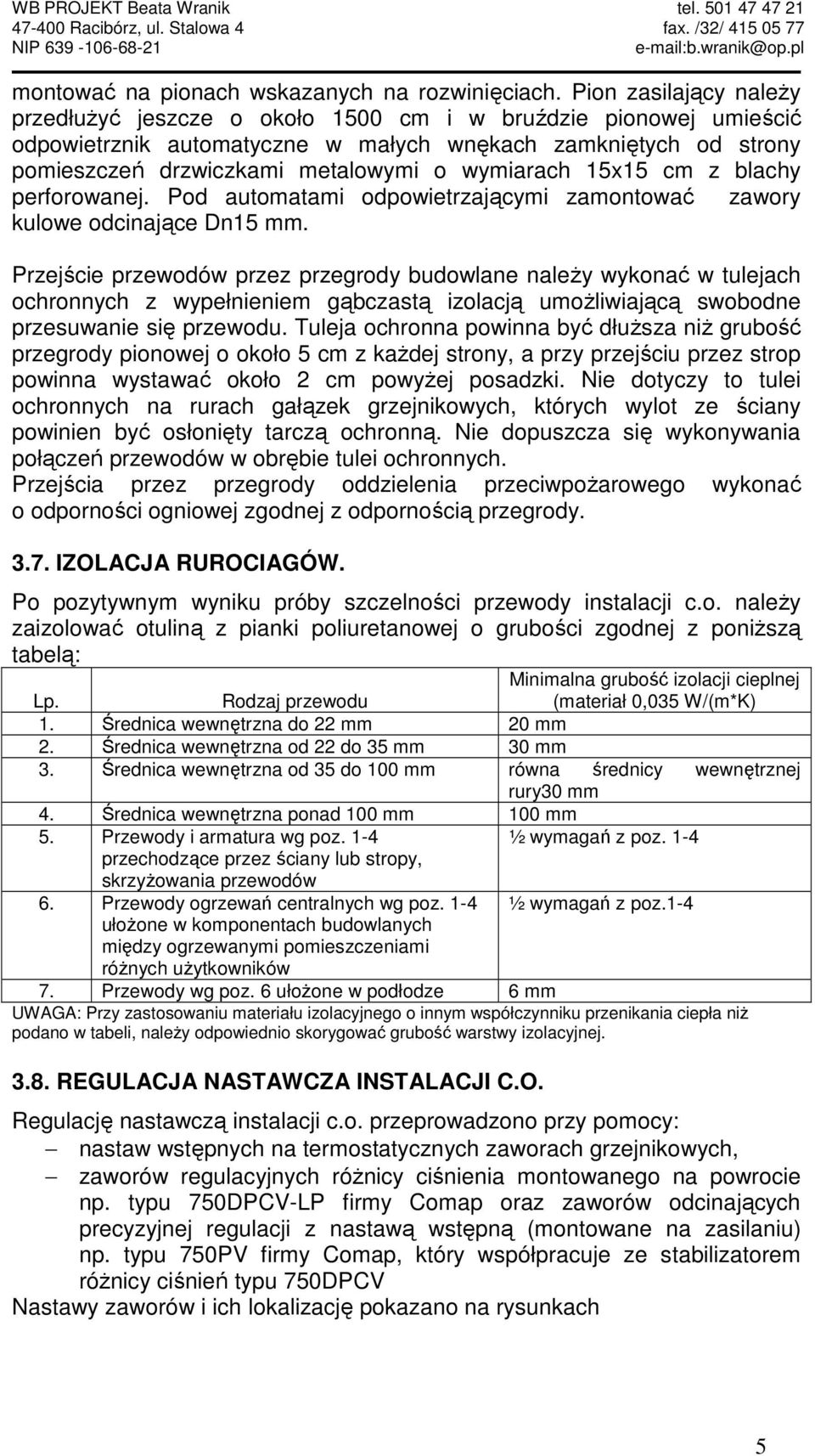 wymiarach 15x15 cm z blachy perforowanej. Pod automatami odpowietrzającymi zamontować zawory kulowe odcinające Dn15 mm.