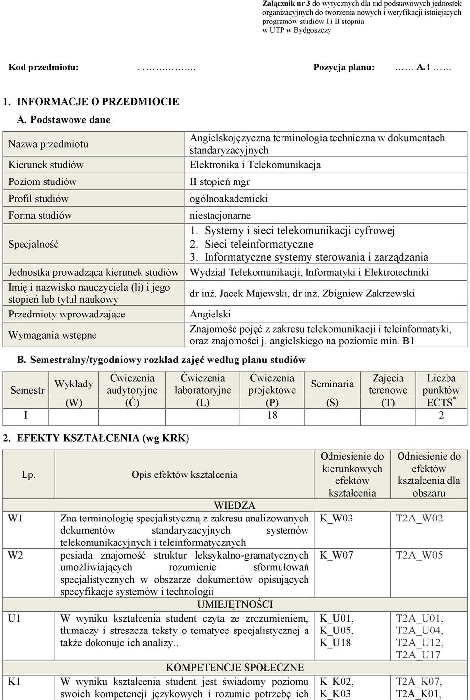 tytuł naukowy Przedmioty wprowadzające Wymagania wstępne Angielskojęzyczna terminologia techniczna w dokumentach standaryzacyjnych Elektronika i Telekomunikacja II stopień mgr ogólnoakademicki