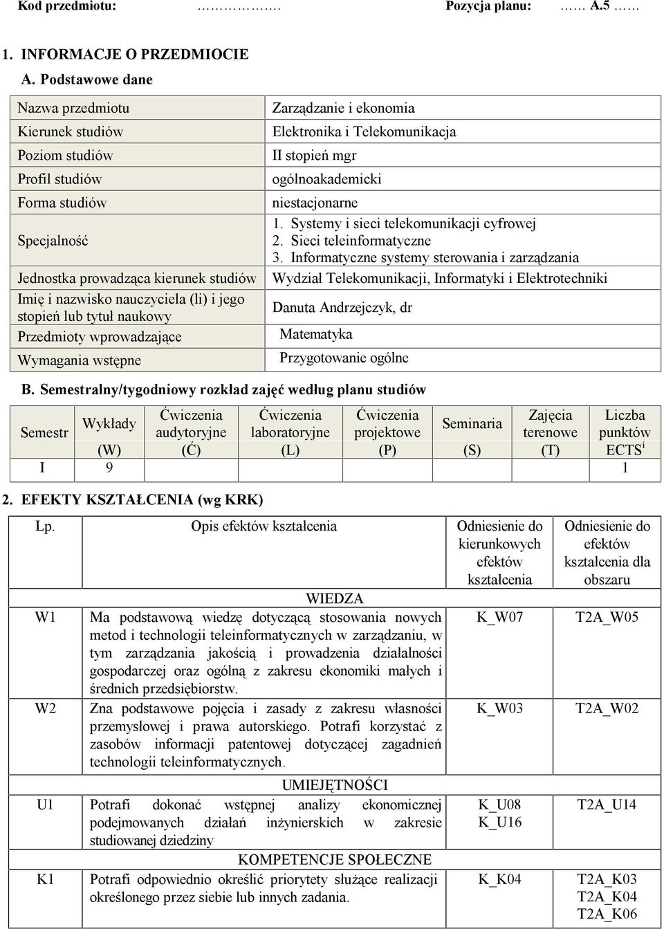 tytuł naukowy Przedmioty wprowadzające Wymagania wstępne Zarządzanie i ekonomia Elektronika i Telekomunikacja II stopień mgr ogólnoakademicki niestacjonarne 1.