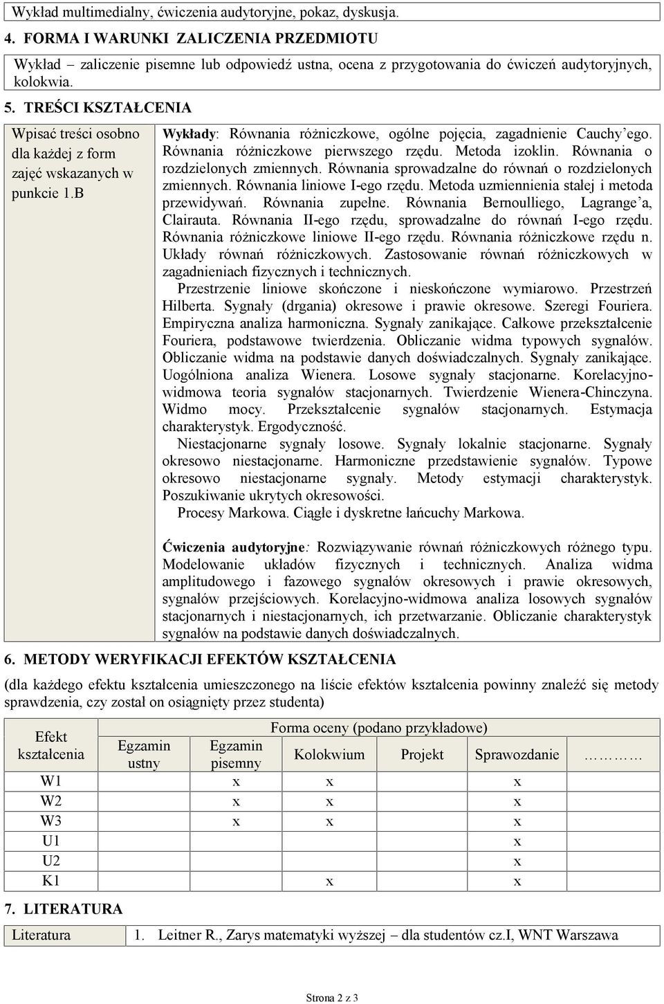 TREŚCI KSZTAŁCENIA Wpisać treści osobno dla każdej z form zajęć wskazanych w punkcie 1.B Wykłady: Równania różniczkowe, ogólne pojęcia, zagadnienie Cauchy ego. Równania różniczkowe pierwszego rzędu.