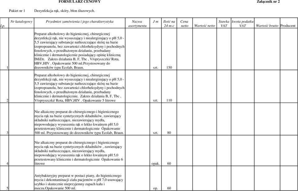 higienicznej, chirurgicznej dezynfekcji rąk, nie wysuszający i niealergizujący o ph 5,0-5,5 zawierający substancje natłuszczające skórę na bazie izopropoanolu, bez zawartości chlorheksydyny i