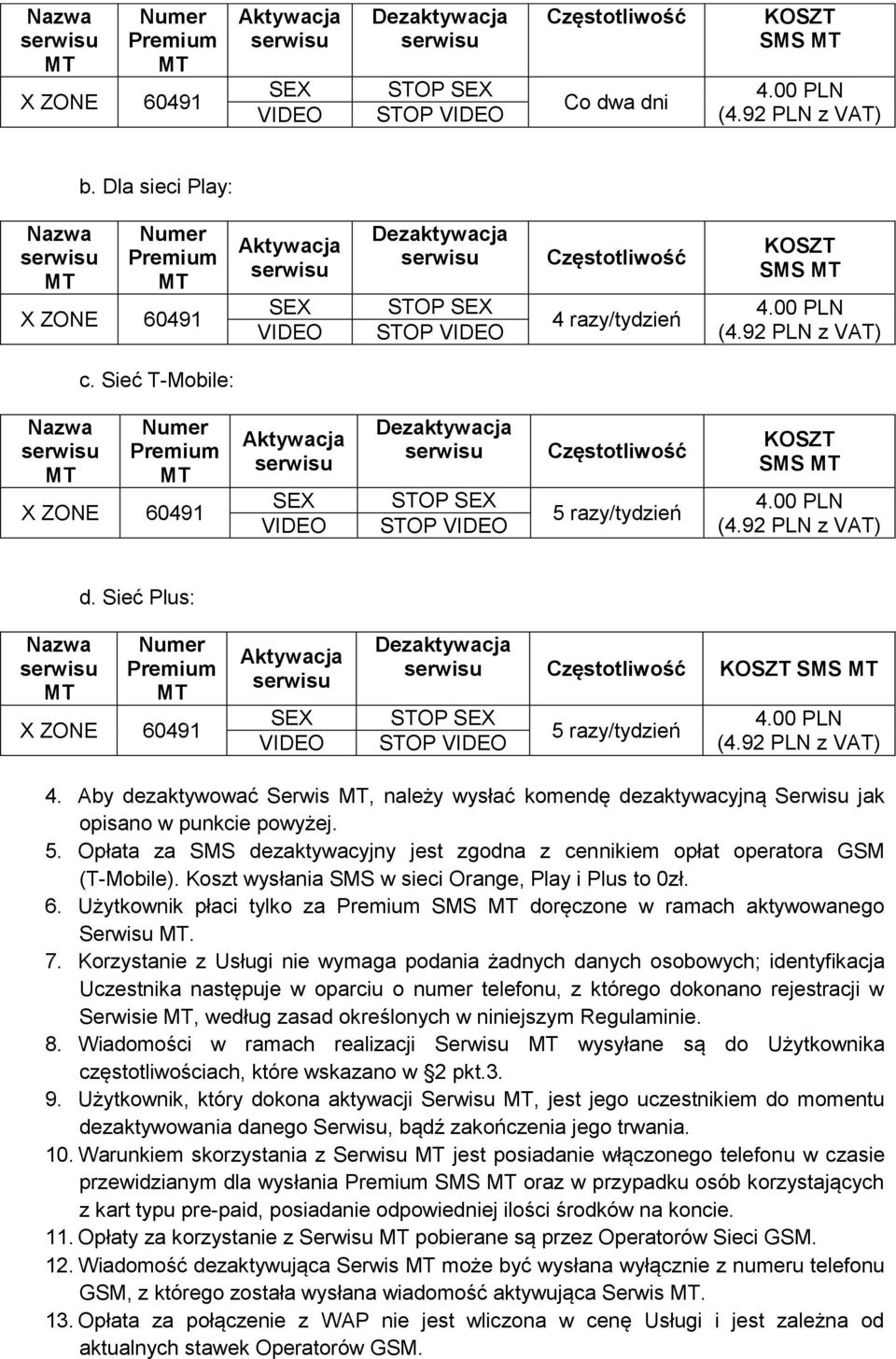 Koszt wysłania SMS w sieci Orange, Play i Plus to 0zł. 6. Użytkownik płaci tylko za SMS doręczone w ramach aktywowanego Serwisu. 7.