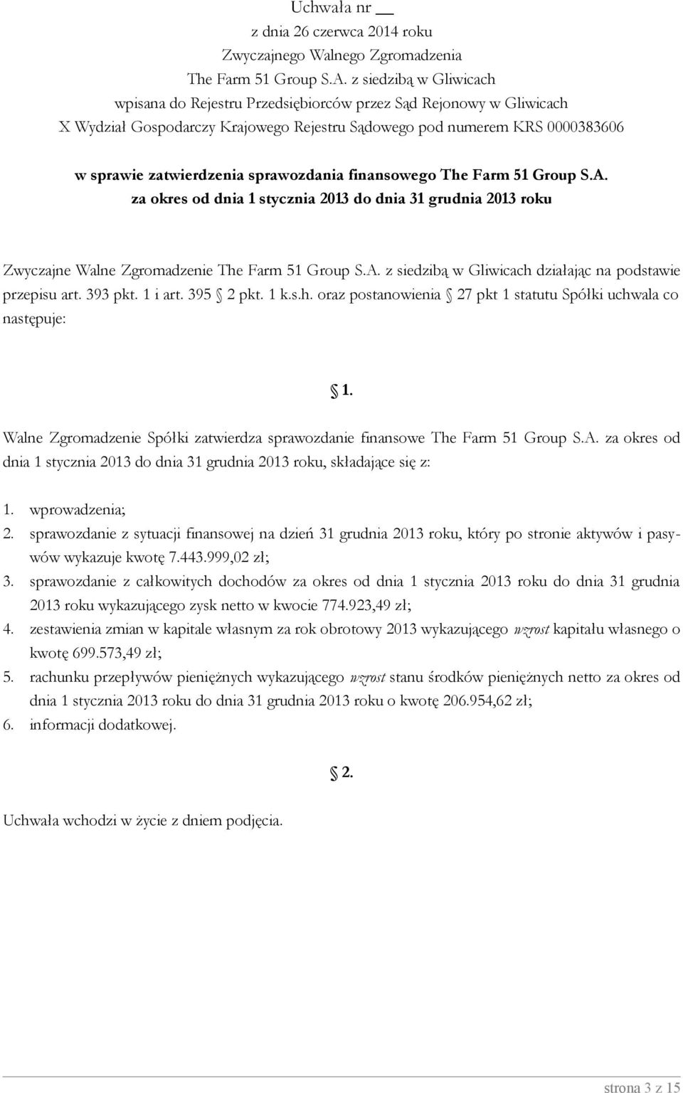 sprawozdanie z sytuacji finansowej na dzień 31 grudnia 2013 roku, który po stronie aktywów i pasywów wykazuje kwotę 7.443.999,02 zł; 3.