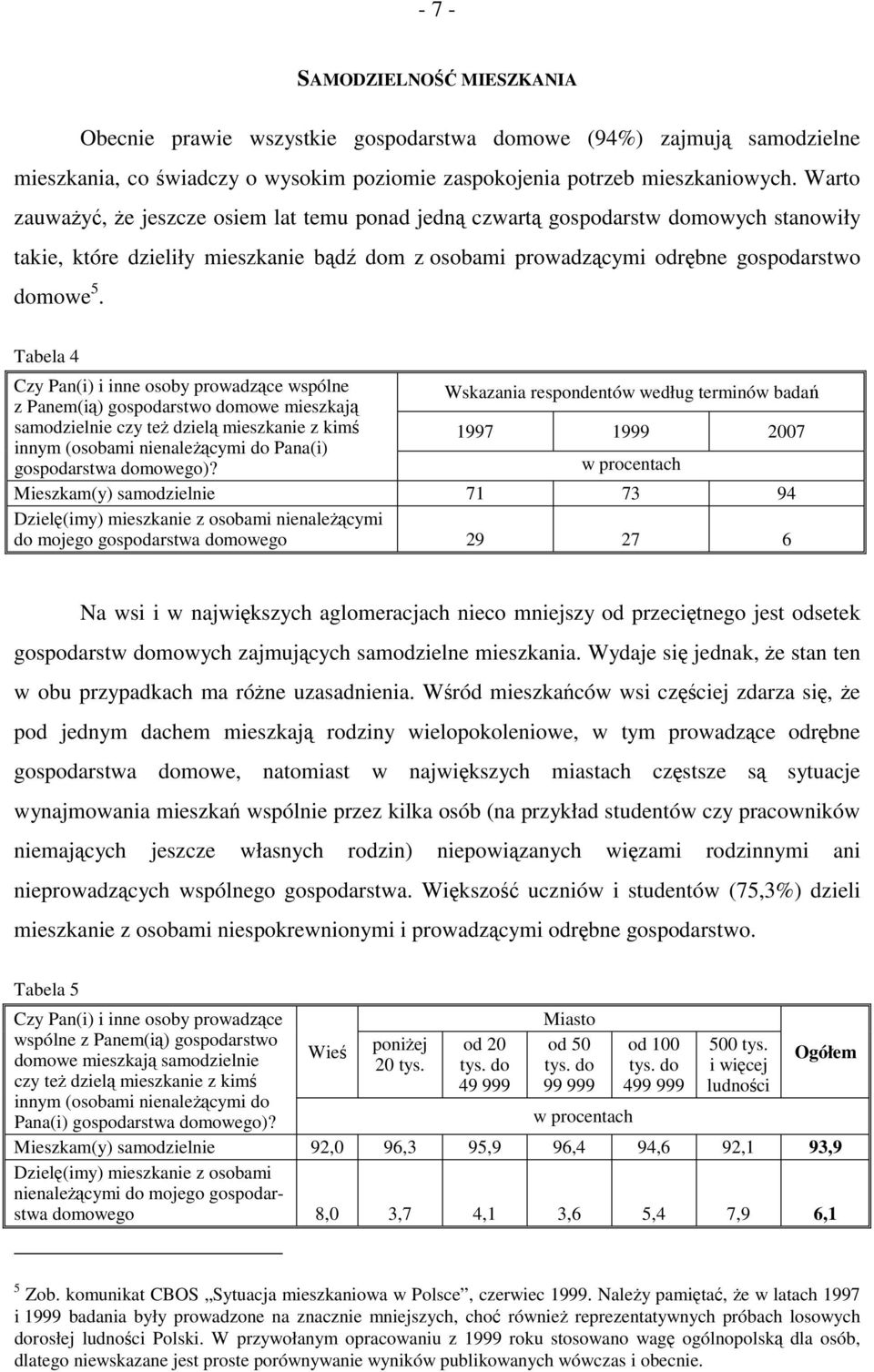 Tabela 4 Czy Pan(i) i inne osoby prowadzące wspólne z Panem(ią) gospodarstwo domowe mieszkają Wskazania respondentów według terminów badań samodzielnie czy też dzielą mieszkanie z kimś 1997 1999 2007