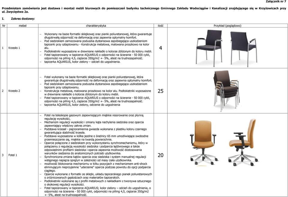 Zakres dostawy: Nr mebel charakterystyka ilość Przykład (poglądowo) Krzesło Wykonany na bazie formatki sklejkowej oraz pianki poliuretanowej, która gwarantuje długotrwałą odporność na deformację oraz