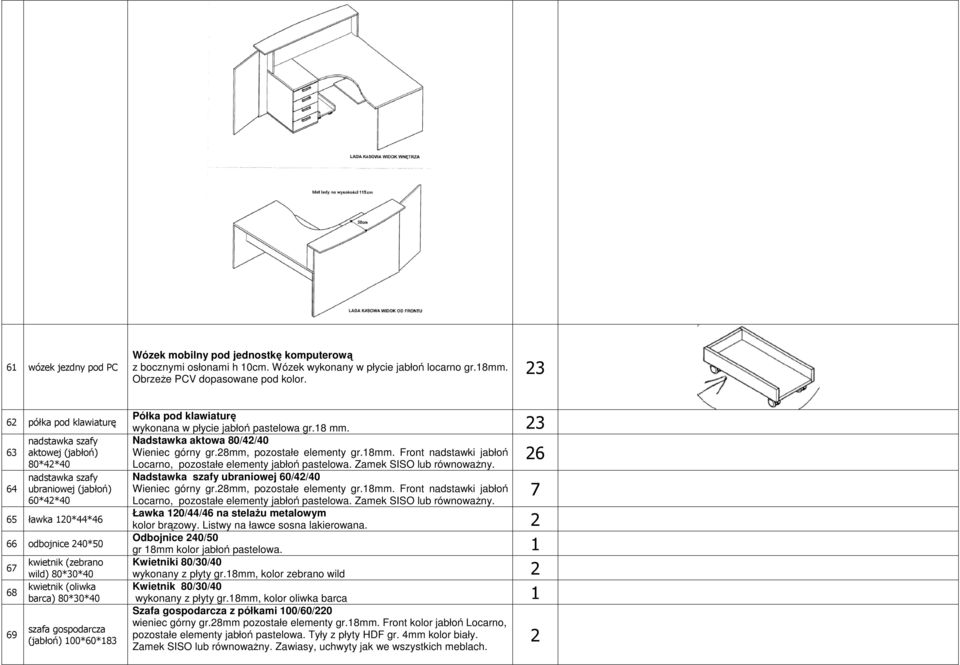 kwietnik (oliwka barca) 80*30*40 szafa gospodarcza (jabłoń) 00*60*83 Półka pod klawiaturę wykonana w płycie jabłoń pastelowa gr.8 mm. 3 Nadstawka aktowa 80/4/40 Wieniec górny gr.