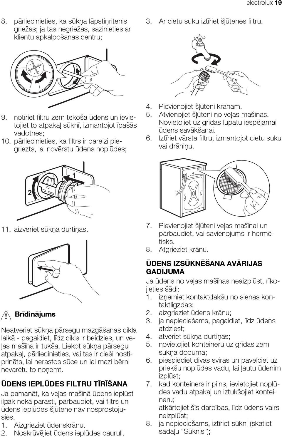 Pievienojiet šļūteni krānam. 5. Atvienojiet šļūteni no veļas mašīnas. Novietojiet uz grīdas lupatu iespējamai ūdens savākšanai. 6. Iztīriet vārsta filtru, izmantojot cietu suku vai drāniņu. 1 2 11.