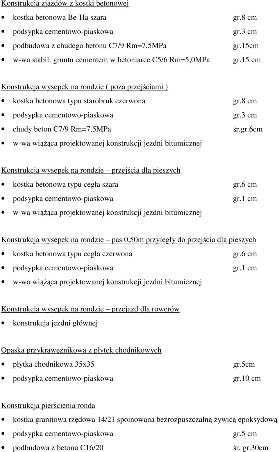 3 cm chudy beton C7/9 Rm=7,5MPa śr.gr.6cm w-wa wiąŝąca projektowanej konstrukcji jezdni bitumicznej Konstrukcja wysepek na rondzie przejścia dla pieszych kostka betonowa typu cegła szara gr.