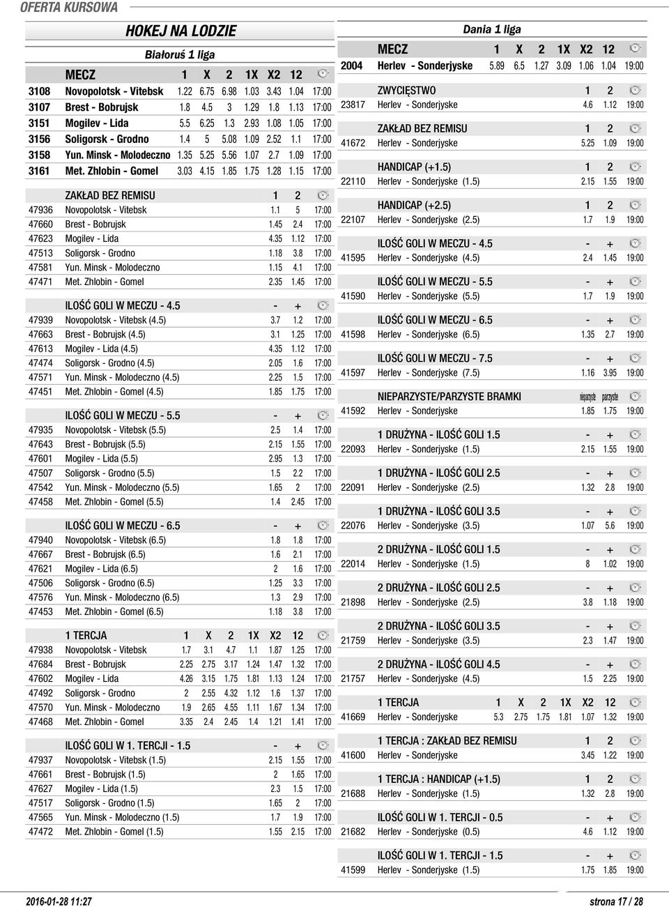 15 17:00 ZAKŁAD BEZ REMISU 1 2 47936 Novopolotsk - Vitebsk 1.1 5 17:00 47660 Brest - Bobrujsk 1.45 2.4 17:00 47623 Mogilev - Lida 4.35 1.12 17:00 47513 Soligorsk - Grodno 1.18 3.8 17:00 47581 Yun.