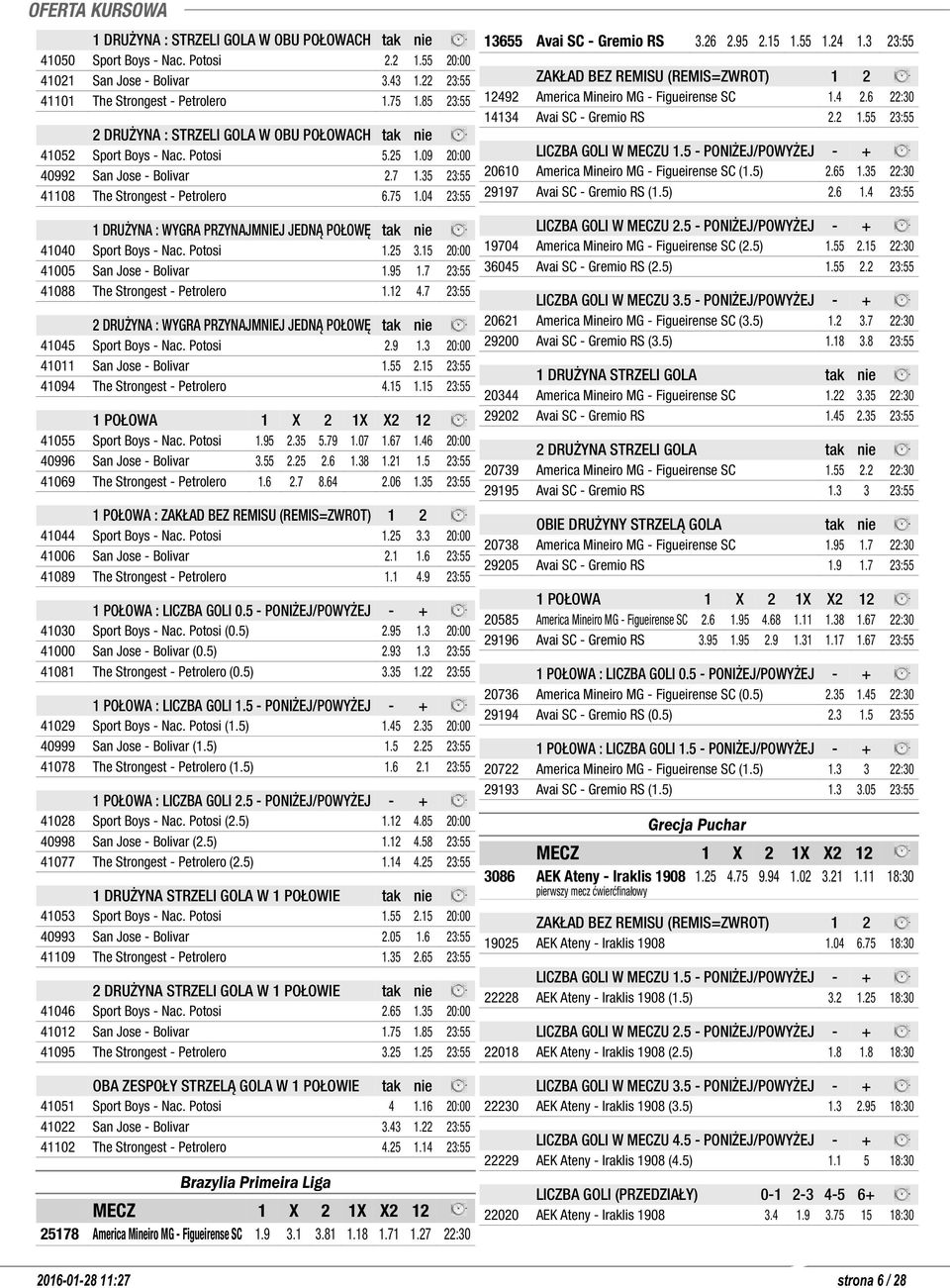 04 23:55 1 DRUŻYNA : WYGRA PRZYNAJMNIEJ JEDNĄ POŁOWĘ tak nie 41040 Sport Boys - Nac. Potosi 1.25 3.15 20:00 41005 San Jose - Bolivar 1.95 1.7 23:55 41088 The Strongest - Petrolero 1.12 4.