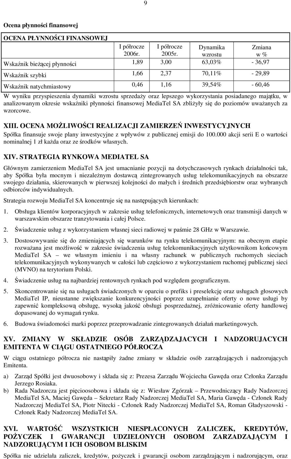 wzrostu sprzeday oraz lepszego wykorzystania posiadanego majtku, w analizowanym okresie wskaniki płynnoci finansowej MediaTel SA zbliyły si do poziomów uwaanych za wzorcowe. XIII.