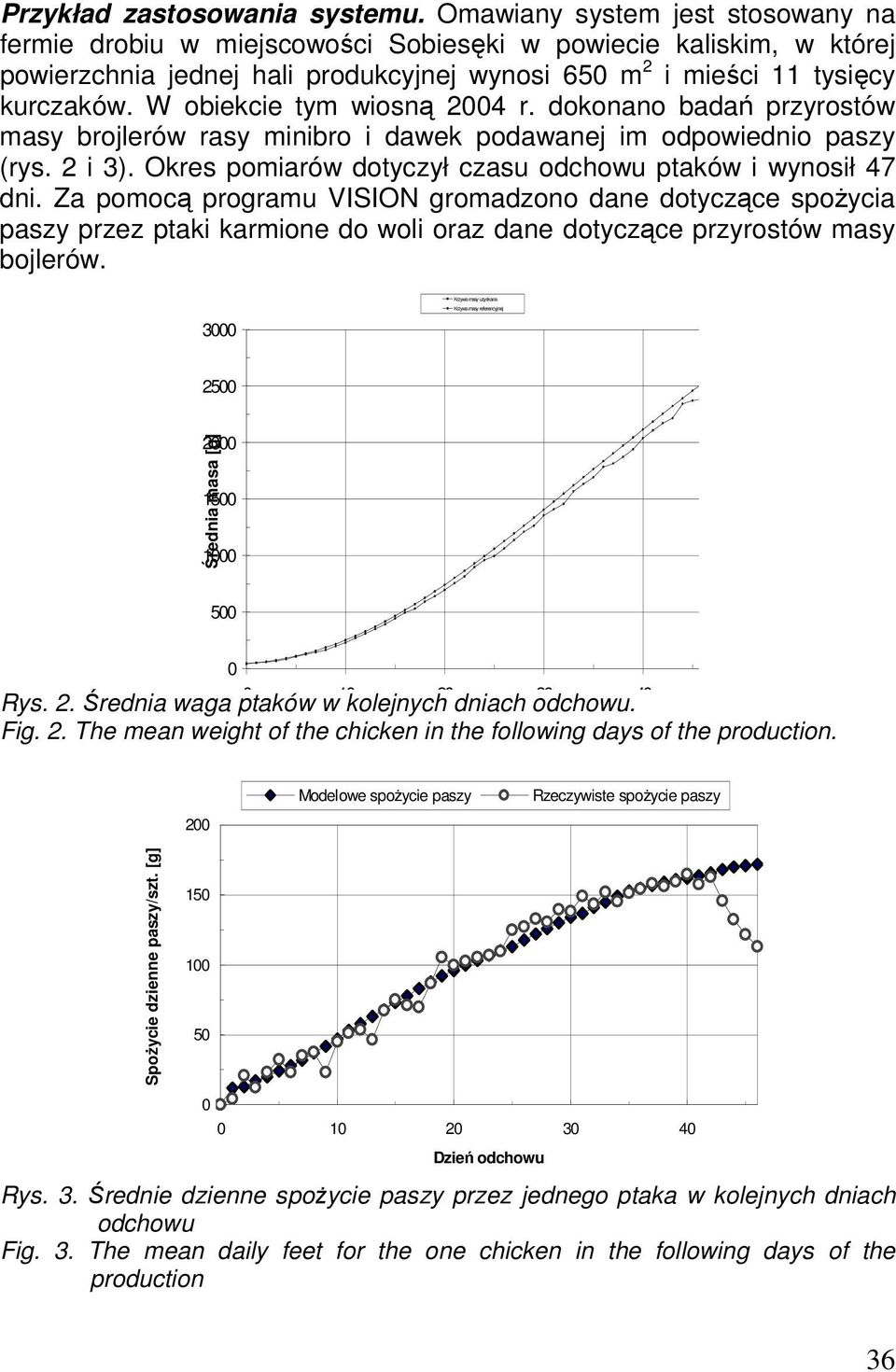 W obiekcie tym wiosną 2004 r. dokonano badań przyrostów masy brojlerów rasy minibro i dawek podawanej im odpowiednio paszy (rys. 2 i 3). Okres pomiarów dotyczył czasu odchowu ptaków i wynosił 47 dni.