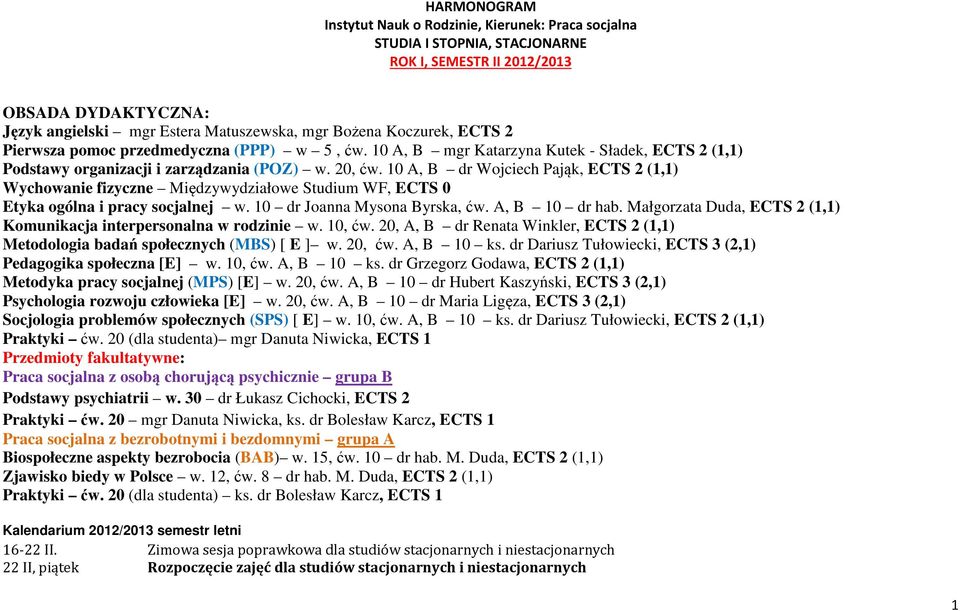 10 A, B dr Wojciech Pająk, ECTS 2 (1,1) Wychowanie fizyczne Międzywydziałowe Studium WF, ECTS 0 Etyka ogólna i pracy socjalnej w. 10 dr Joanna Mysona Byrska, ćw. A, B 10 dr hab.