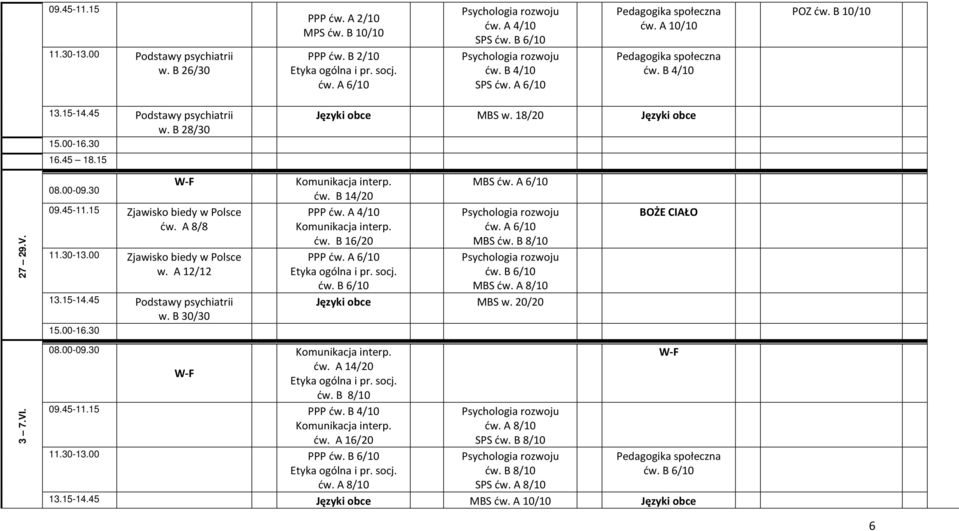 B 30/30 PPP ćw. A 6/10 ćw. B 6/10 MBS ćw. A 6/10 ćw. A 6/10 MBS ćw. B 8/10 ćw. B 6/10 MBS ćw. A 8/10 Języki obce MBS w. 20/20 BOŻE CIAŁO 3 7.VI. ćw. A 14/20 ćw. B 8/10 09.
