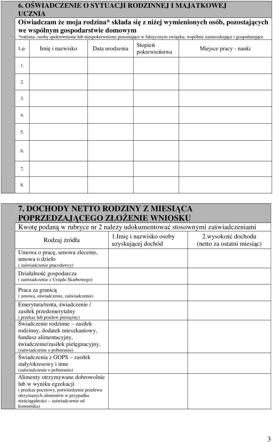 8. 7. DOCHODY NETTO RODZINY Z MIESIĄCA POPRZEDZAJĄCEGO ZŁOŻENIE WNIOSKU Kwotę podaną w rubryce nr 2 należy udokumentować stosownymi zaświadczeniami 1.Imię i nazwisko osoby 2.