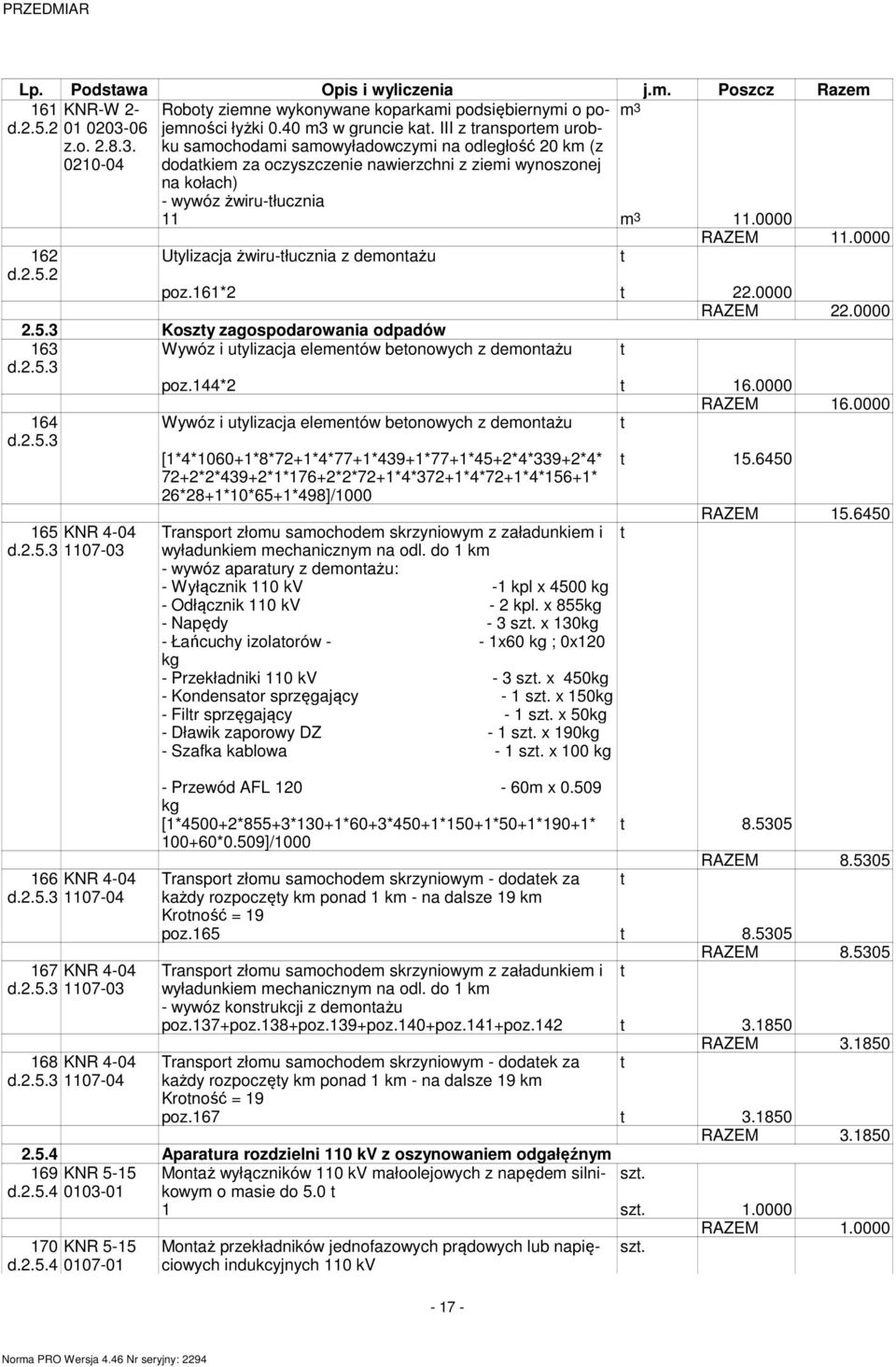 2 Utylizacja żwiru-tłucznia z deontażu t RAZEM 11.0000 poz61*2 t 22.0000 RAZEM 22.0000 2.5.3 Koszty zagospodarowania odpadów Wywóz i utylizacja eleentów betonowych z deontażu 163 d.2.5.3 164 d.2.5.3 165 KNR 4-04 d.